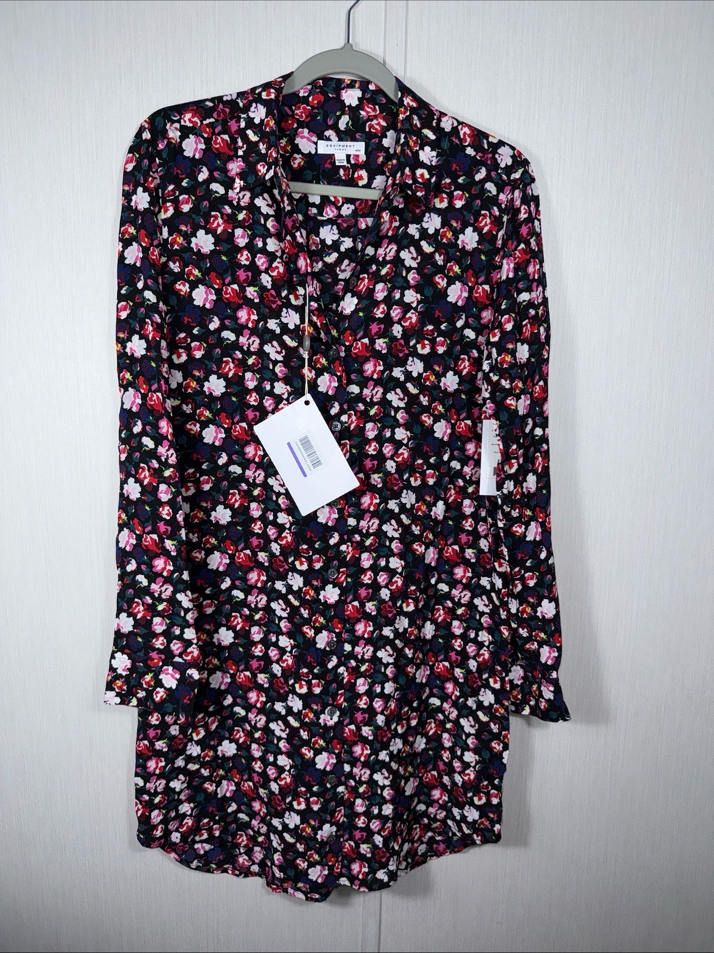 NWT Equipment M Dress Black Multicolored Floral Long Sleeve Viscose Button Down